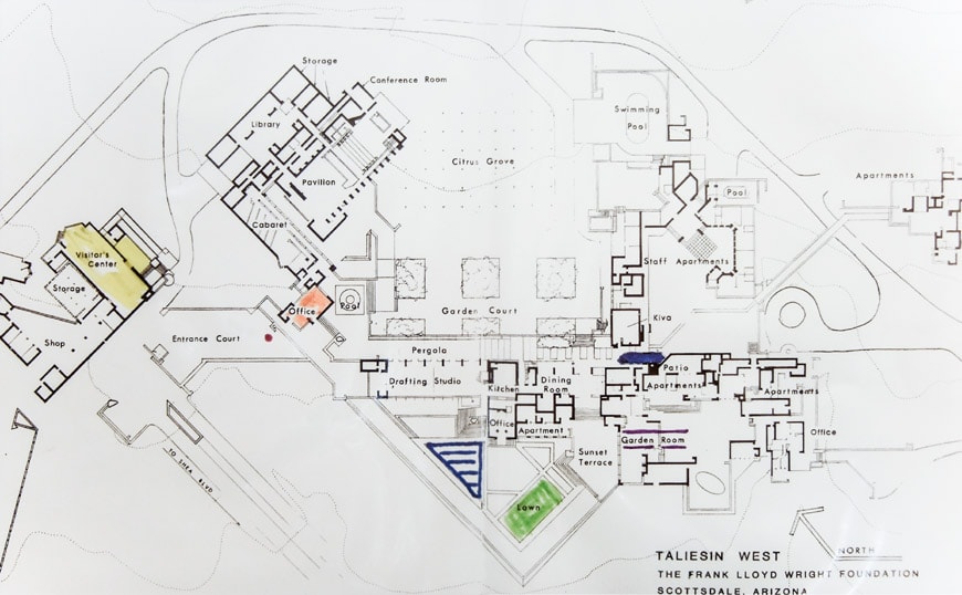 Plano del emplazamiento de Frank Lloyd Wright en Taliesin West Scottsdale